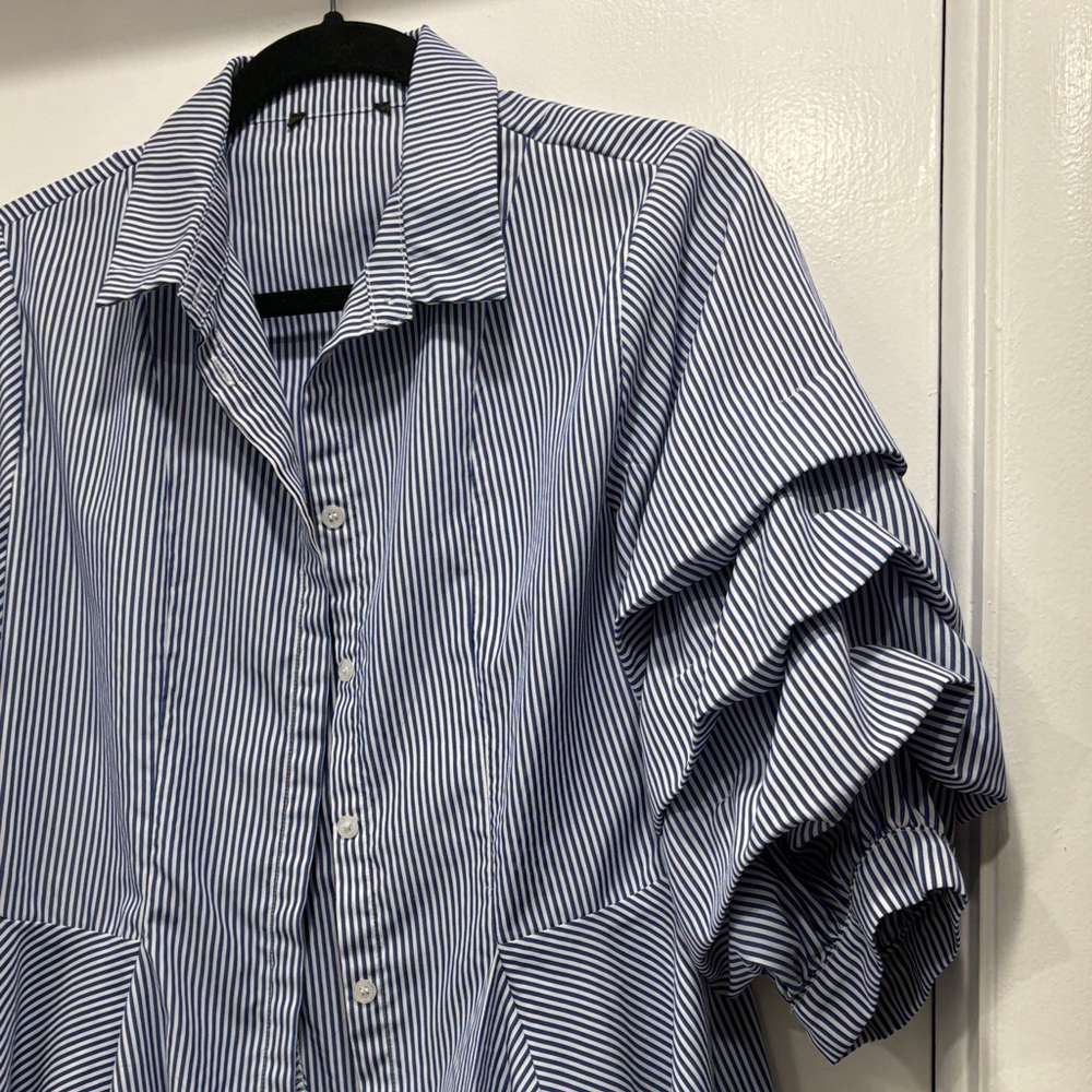 Blue Striped Ruffle Sleeve Blouse - Picture 2 of 4